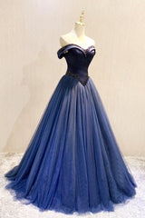 A-Line Tulle Beading Long Corset Prom Dresses, Off the Shoulder Evening Dresses outfit, Black Bridesmaid Dress