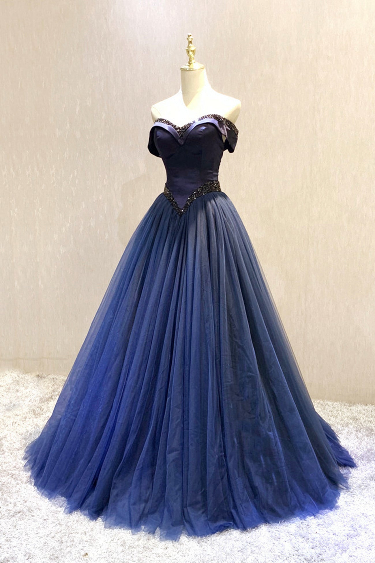 A-Line Tulle Beading Long Corset Prom Dresses, Off the Shoulder Evening Dresses outfit, Blue Prom Dress