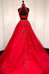 Elegant High Neck Two Piece Red Long Corset Prom Dress outfits, Party Dress Name