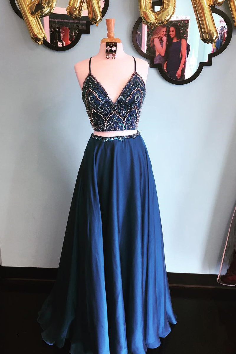 Sparkly Two Piece Sequins Navy Blue Long Corset Prom Dress outfits, Formal Dress Long Gowns