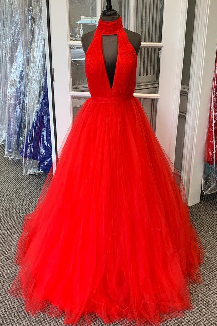 Halter Ruched Long Red Corset Prom Dress with Open Back outfit, Formal Dress Shops Near Me