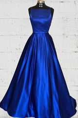 Hollow Out Royal Blue Satin Long Corset Prom Dress outfits, Formal Dress Boutique