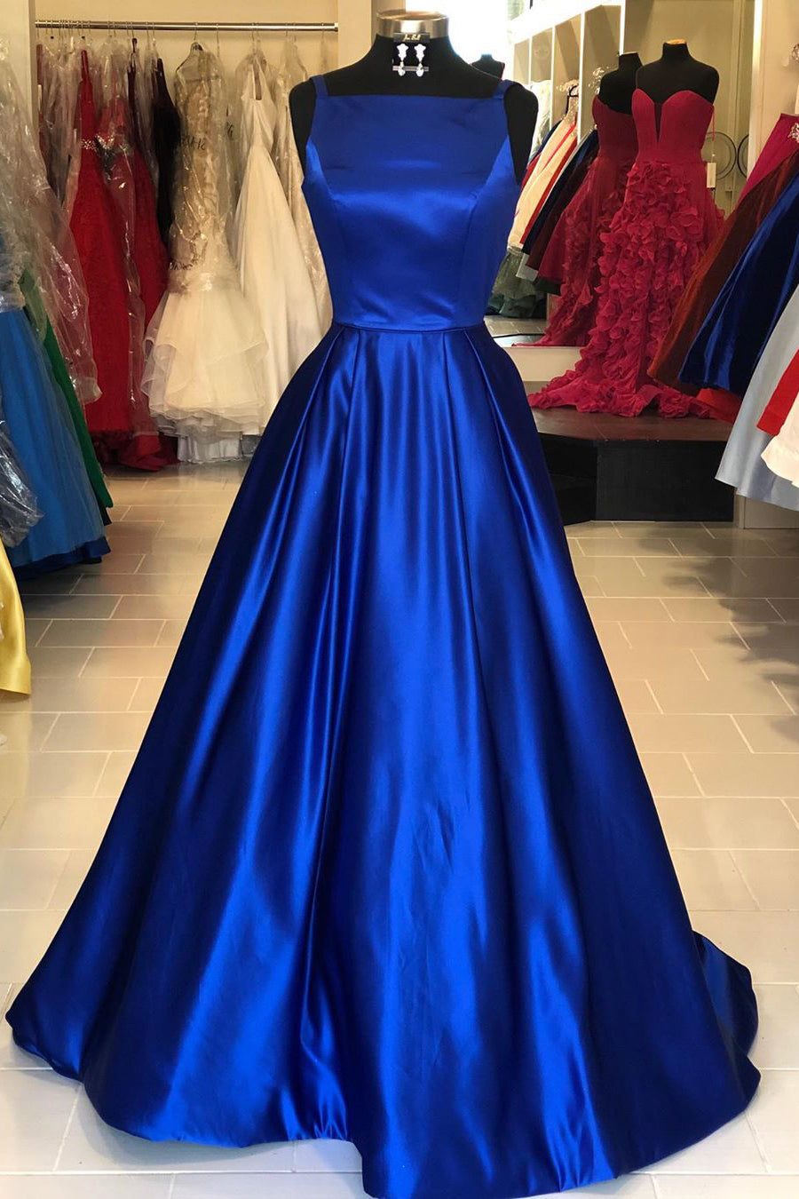 Hollow Out Royal Blue Satin Long Corset Prom Dress outfits, Formal Dress Australia