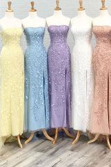 Strapless Light Blue Lace Long Corset Prom Dress with Slit Gowns, Formal Dresses For Winter