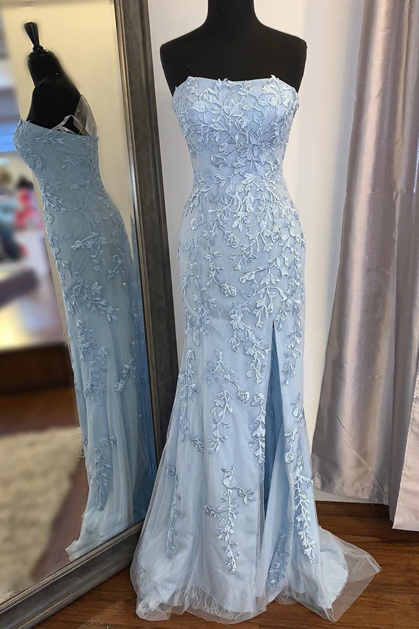 Strapless Light Blue Lace Long Corset Prom Dress with Slit Gowns, Formal Dresses Winter