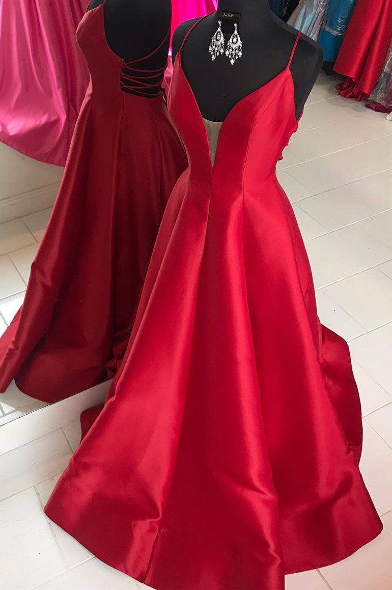 Red Satin Long Corset Prom Dress with Cross Back Gowns, Long Sleeve Dress