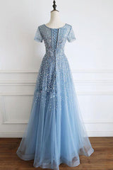 Elegant Cap Sleeves Blue Long Corset Prom Dress with Lace-up Back Gowns, Party Dress With Sleeves