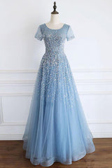 Elegant Cap Sleeves Blue Long Corset Prom Dress with Lace-up Back Gowns, Party Dress Sleeve