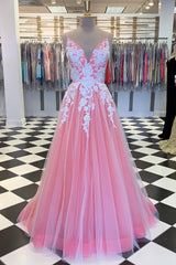 Elegant V Neck Lace-Up Back Pink Long Corset Prom Dress with Appliques Gowns, Gown Dress Elegant