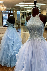 Elegant A-Line Halter Appliques Light Blue Corset Prom Dress outfits, Party Dresses For Teenage Girl