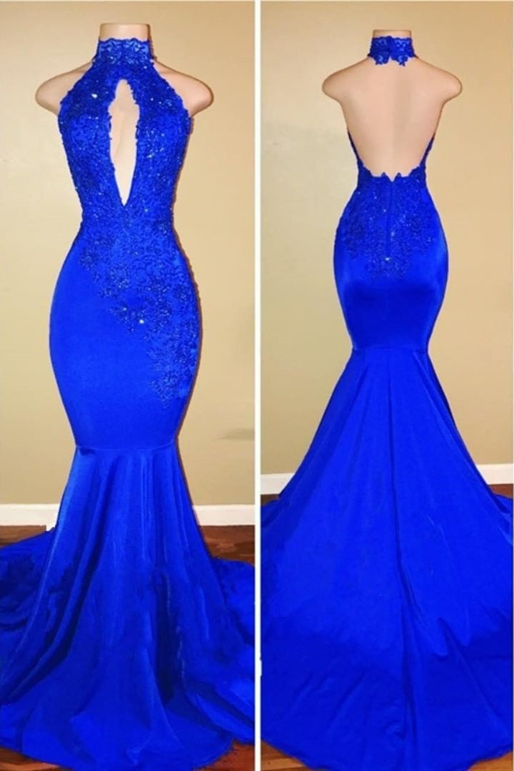 Elegant Mermaid High Neck Royal Blue Long Corset Prom Dress outfits, Party Dress Emerald Green