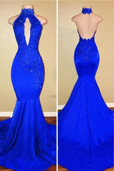 Elegant Mermaid High Neck Royal Blue Long Corset Prom Dress outfits, Party Dress Emerald Green