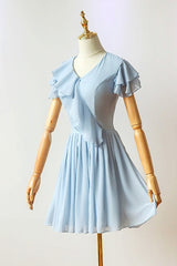 Flutter Sleeves Blue Chiffon Short Corset Homecoming Dress outfit, Semi Formal