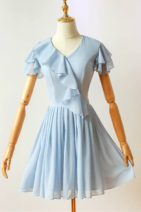 Flutter Sleeves Blue Chiffon Short Corset Homecoming Dress outfit, Bow Dress