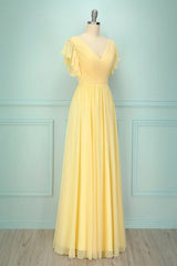Elegant V Neck Pleated Yellow Corset Bridesmaid Dress with Ruffles Gowns, Bodycon Dress