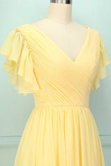Elegant V Neck Pleated Yellow Corset Bridesmaid Dress with Ruffles Gowns, Gown Dress