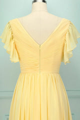 Elegant V Neck Pleated Yellow Corset Bridesmaid Dress with Ruffles Gowns, Sun Dress