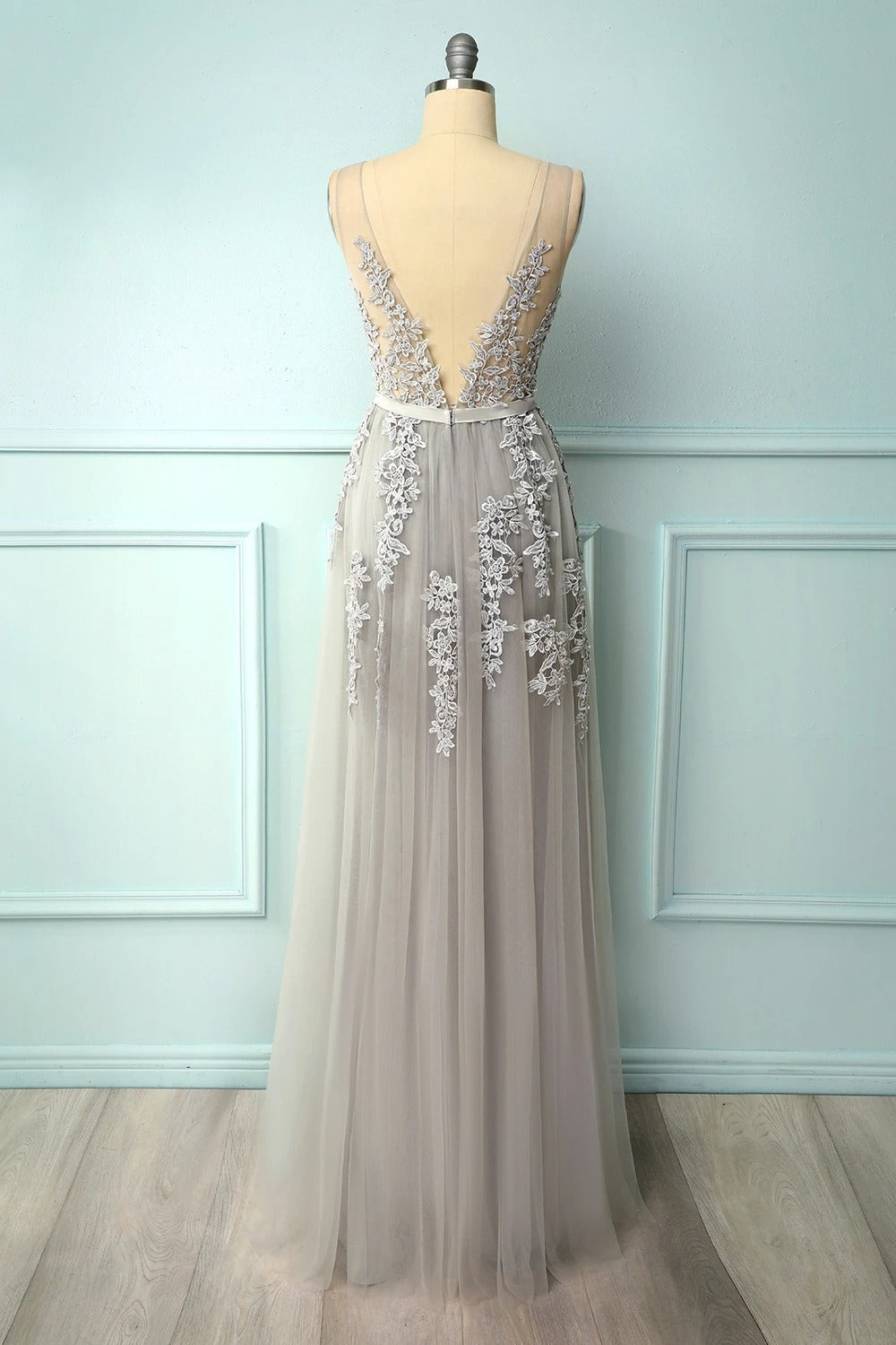 A-line Low V-Back Grey Corset Bridesmaid Dress with Lace Outfits, Prom Dress