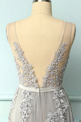 A-line Low V-Back Grey Corset Bridesmaid Dress with Lace Outfits, Prom Dresses