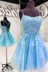 Straps Lace Applique Blue Corset Homecoming Dress outfit, Formal Dress Long Sleeved