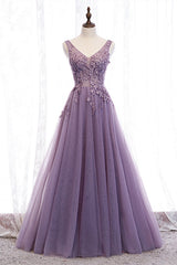 Elegant Lilac V-Neck Appiques Long Corset Prom Dress outfits, Party Dress Roman