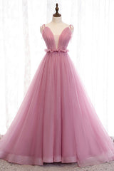 Deep V-Neck Pink Tulle Corset Formal Dress outfit, Party Dresses Style