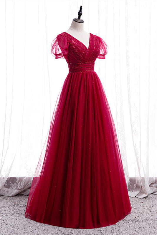 Classic Red V-Neck Beaded Long Corset Formal Dress outfit, Prom Dress Long