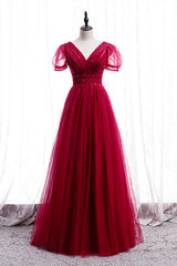 Classic Red V-Neck Beaded Long Corset Formal Dress outfit, Pretty Prom Dress