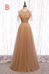 A-Line Beaded Champagne Tulle Corset Bridesmaid Dress outfit, Prom Dresses For Chubby Girls