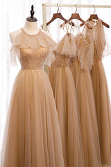 A-Line Beaded Champagne Tulle Corset Bridesmaid Dress outfit, Prom Dress Tight Fitting