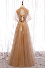A-Line Beaded Champagne Tulle Corset Bridesmaid Dress outfit, Prom Dresses Tight Fitting