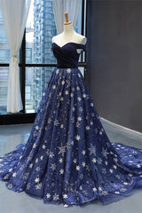 Elegant Off the Shoulder Navy Blue Corset Prom Dress outfits, Party Dresses Long Sleeve