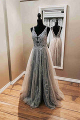 Elegant Backless Grey Lace Corset Formal Dress outfit, Party Dress Large Size