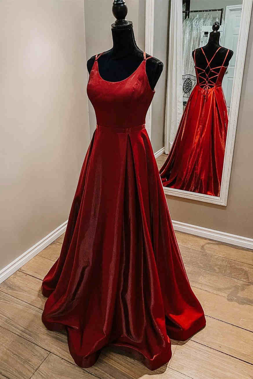 Elegant Red Straps Satin Corset Prom Dress outfits, Party Dresses For 31 Year Olds