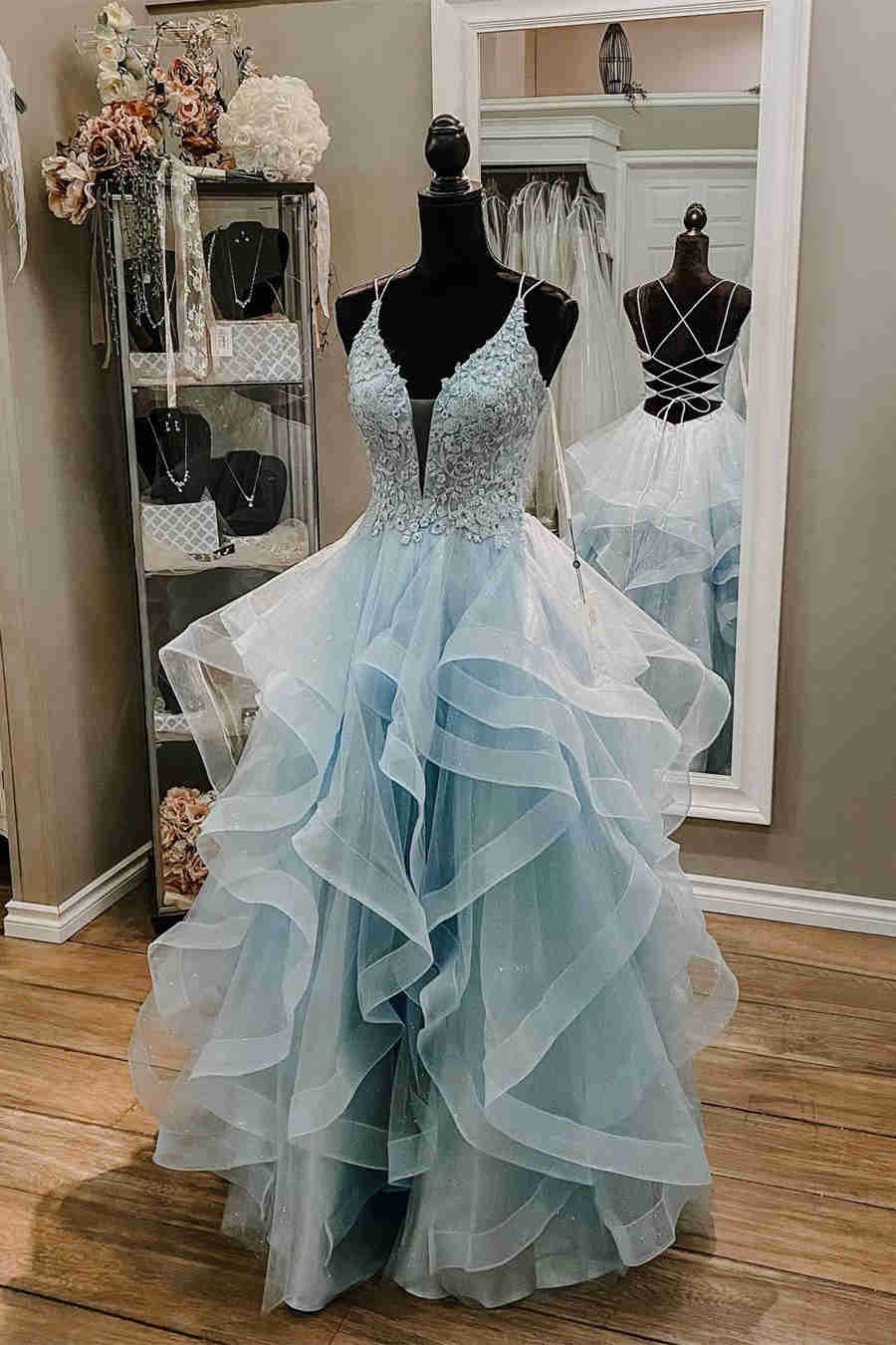 Straps Light Sky Blue Corset Prom Dress with Ruffles Gowns, Formal Dresses For Wedding Guests
