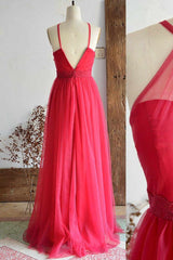 A-Line Halter Hot Pink Long Corset Bridesmaid Dress outfit, Prom Dress Corset Ball Gown