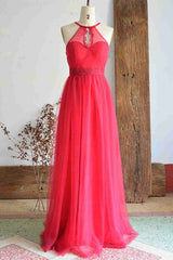 A-Line Halter Hot Pink Long Corset Bridesmaid Dress outfit, Prom Dress Fairy