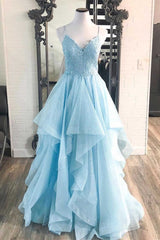 Elegant Light Blue Ruffled Tulle Corset Prom Dress outfits, Party Dresses For Girls