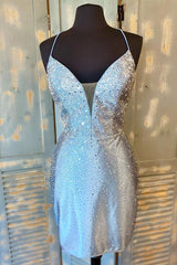 Tight Silver Beaded Short Corset Homecoming Dress outfit, Evening Dresses Vintage