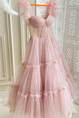 Chic Pink Tulle Midi Length Party Dress Outfits, Ball Dress