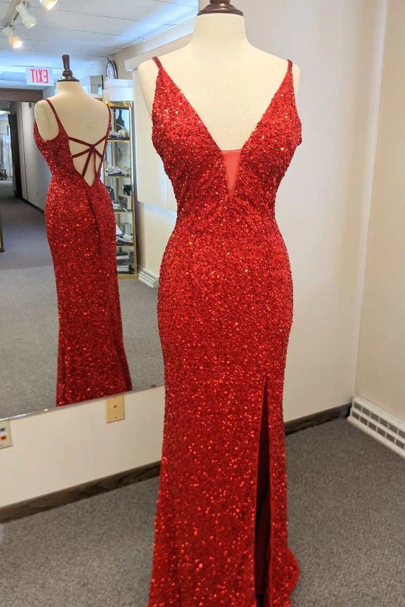 Red Sequin Plunge Neck Cutout Back Long Corset Prom Dress with Slit Gowns, Elegant Wedding