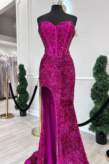 Fuchsia Sequin Strapless Mermaid Long Corset Prom Dress with Slit Gowns, Formal Dresses Classy