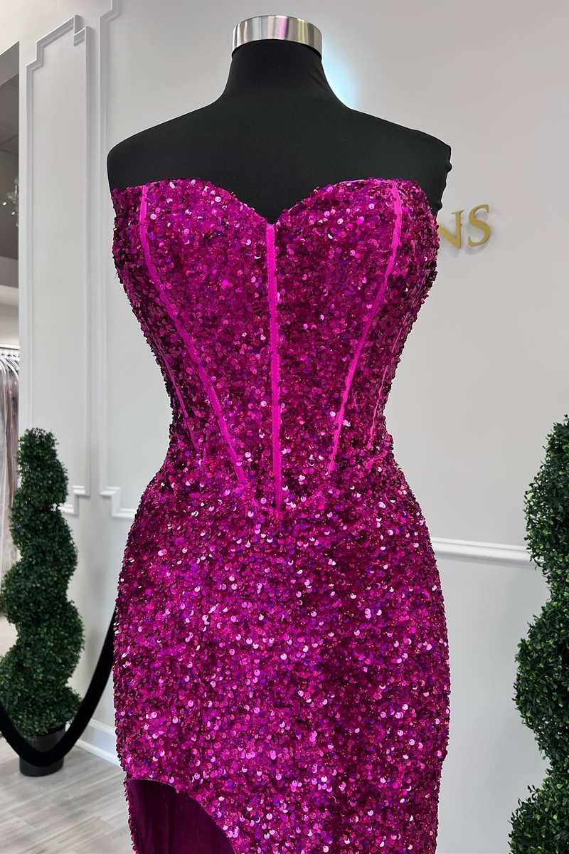 Fuchsia Sequin Strapless Mermaid Long Corset Prom Dress with Slit Gowns, Formal Dresses Short