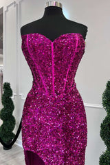 Fuchsia Sequin Strapless Mermaid Long Corset Prom Dress with Slit Gowns, Formal Dresses Cheap