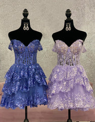 Cute A-Line Tiered Short Corset Homecoming Dress With Appliques Gowns, Formal Dress Lace