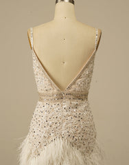 Gorgeous White Spaghetti Straps Beaded Corset Homecoming Dress With Feather outfit, Evening Dresses Designer