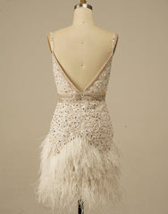 Gorgeous White Spaghetti Straps Beaded Corset Homecoming Dress With Feather outfit, Evening Dresses Prom