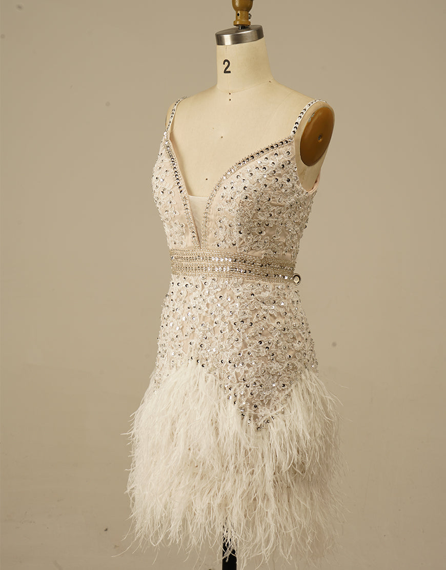 Gorgeous White Spaghetti Straps Beaded Corset Homecoming Dress With Feather outfit, Evening Dress Prom