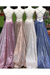 A-Line Sparkle Split Backless Evening Dresses Long Corset Prom Dresses With Pocket Gowns, Party Dress On Line