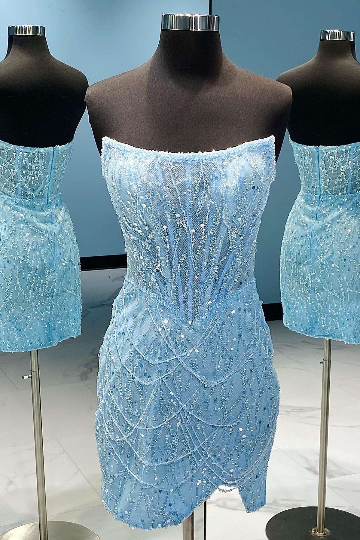 Light Blue Strapless Short Corset Homecoming Dress outfit, Homecoming Dresses Tight